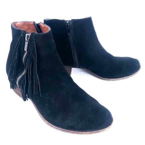 Lucky Brand Fringe Bootie Black Suede Beeliner Boot Double Zipper Boho 7.5M - Picture 1 of 8